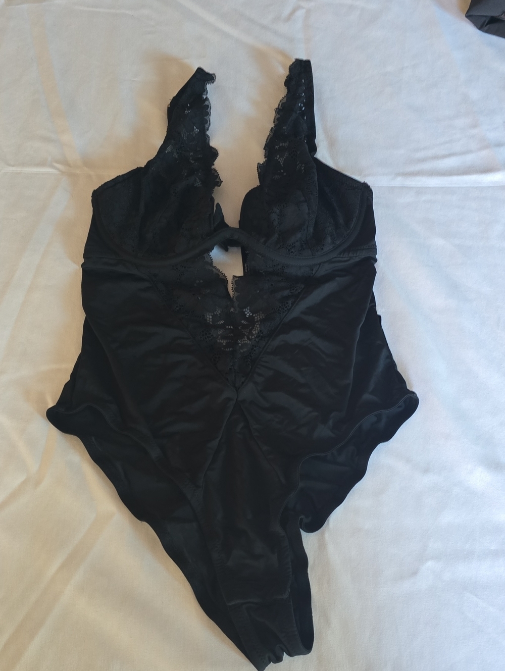 Anthropologie Black Lace Trim Satin Bodysuit